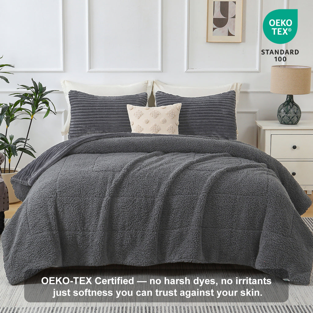 Jessy Home 3 Piece Fleece Queen Comforter Set - Soft & Warm Fluffy Dark Gray Sherpa Bedding , Fuzzy Heavy Double Sided Design Winter Comforter with 2 Pillow Cases
