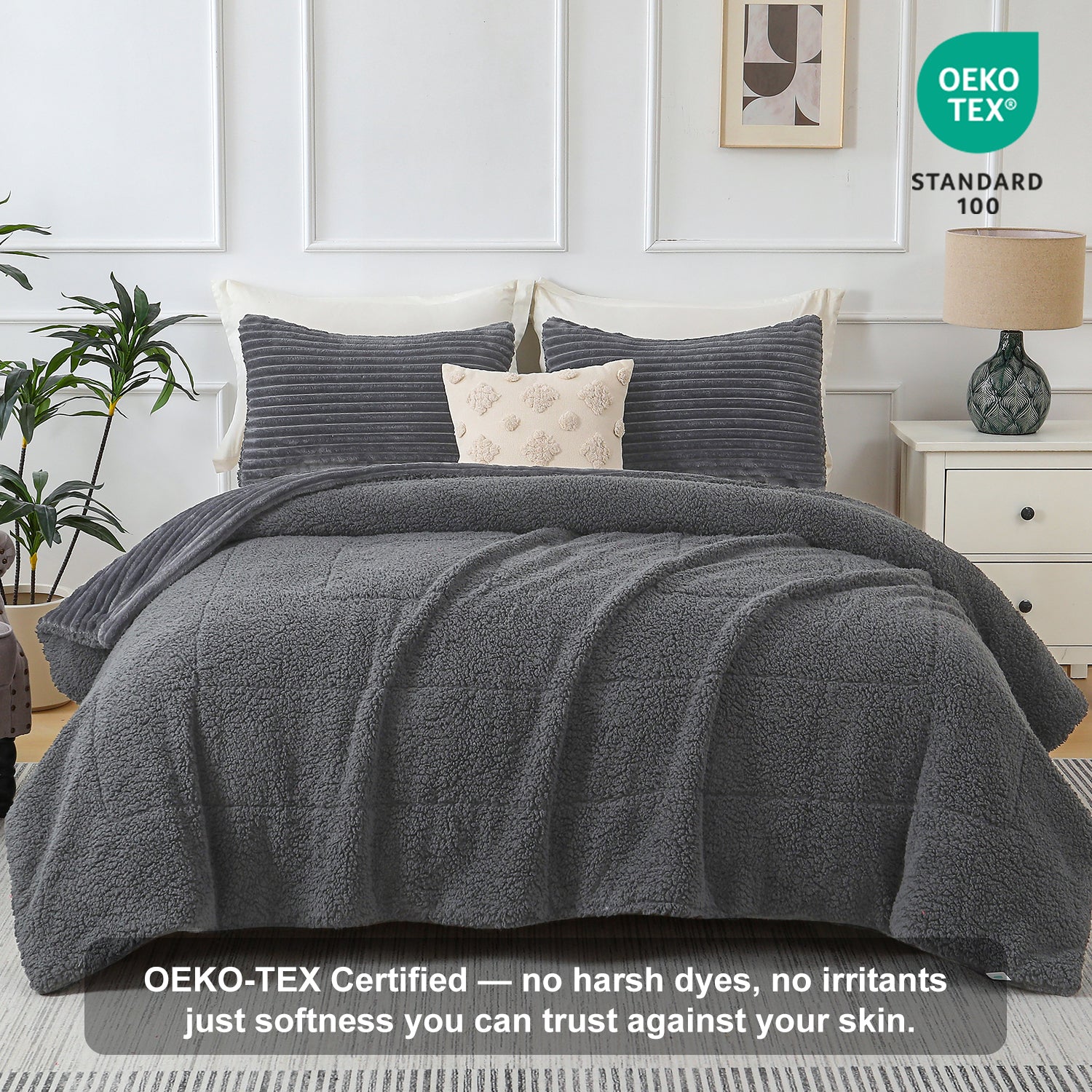 Jessy Home 3 Piece Fleece Queen Comforter Set - Soft & Warm Fluffy Dark Gray Sherpa Bedding , Fuzzy Heavy Double Sided Design Winter Comforter with 2 Pillow Cases