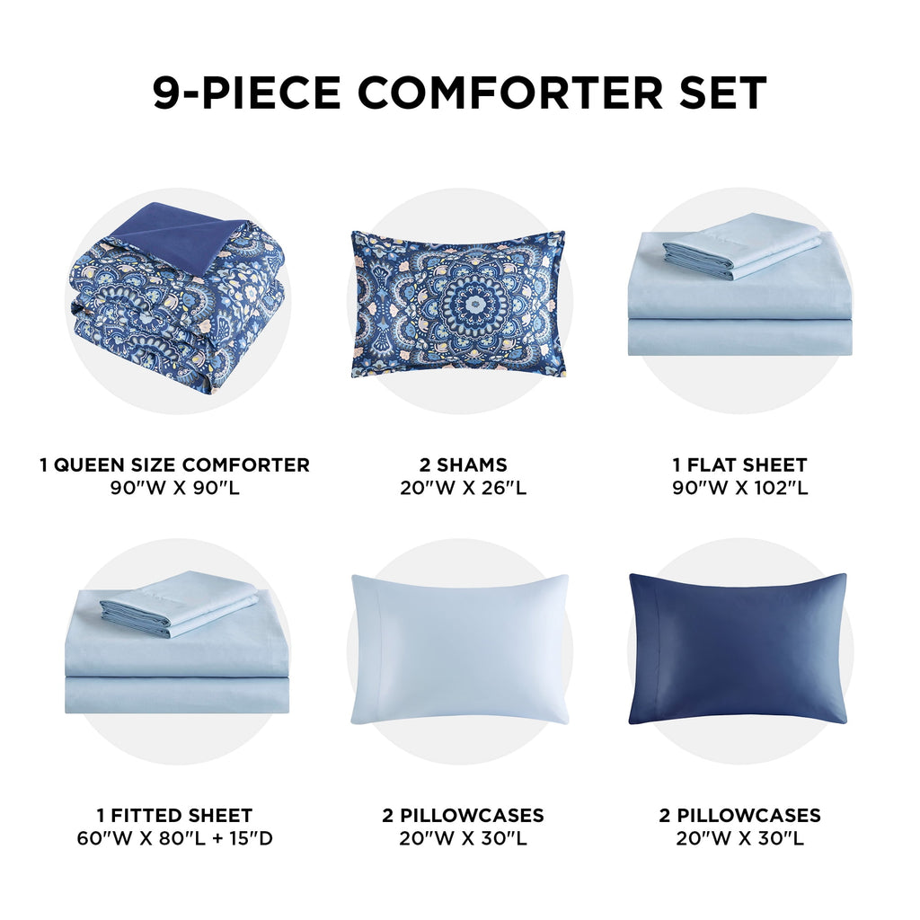 Regency Heights Queen Size Comforter Set, 9-Piece Bed in a Bag Queen, Navy Blue Bedding Comforter Set with Comforter, Flat Sheets, Fitted Sheets with Side Pockets