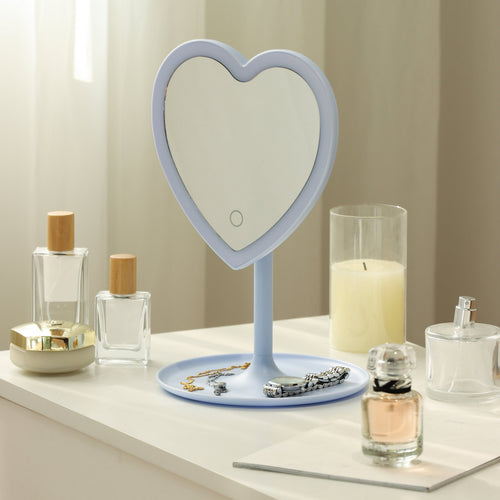 Mainstays 11.26" Tall Light Blue Plastic Frame Tabletop Heart Shaped LED Lighted Mirror with Trinket Tray
