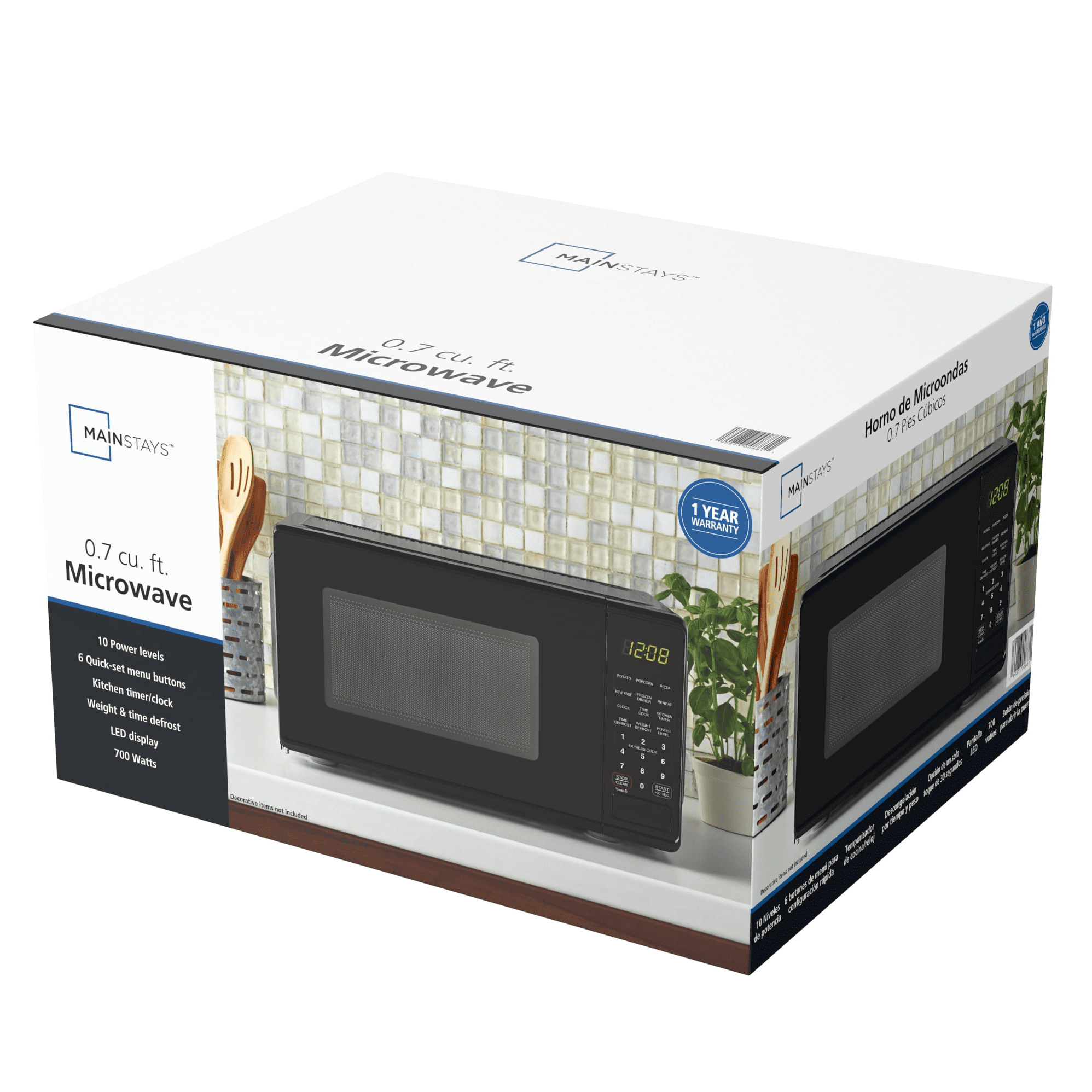 Mainstays 0.7 Cu ft Countertop Microwave Oven, 700 Watts, Black, New