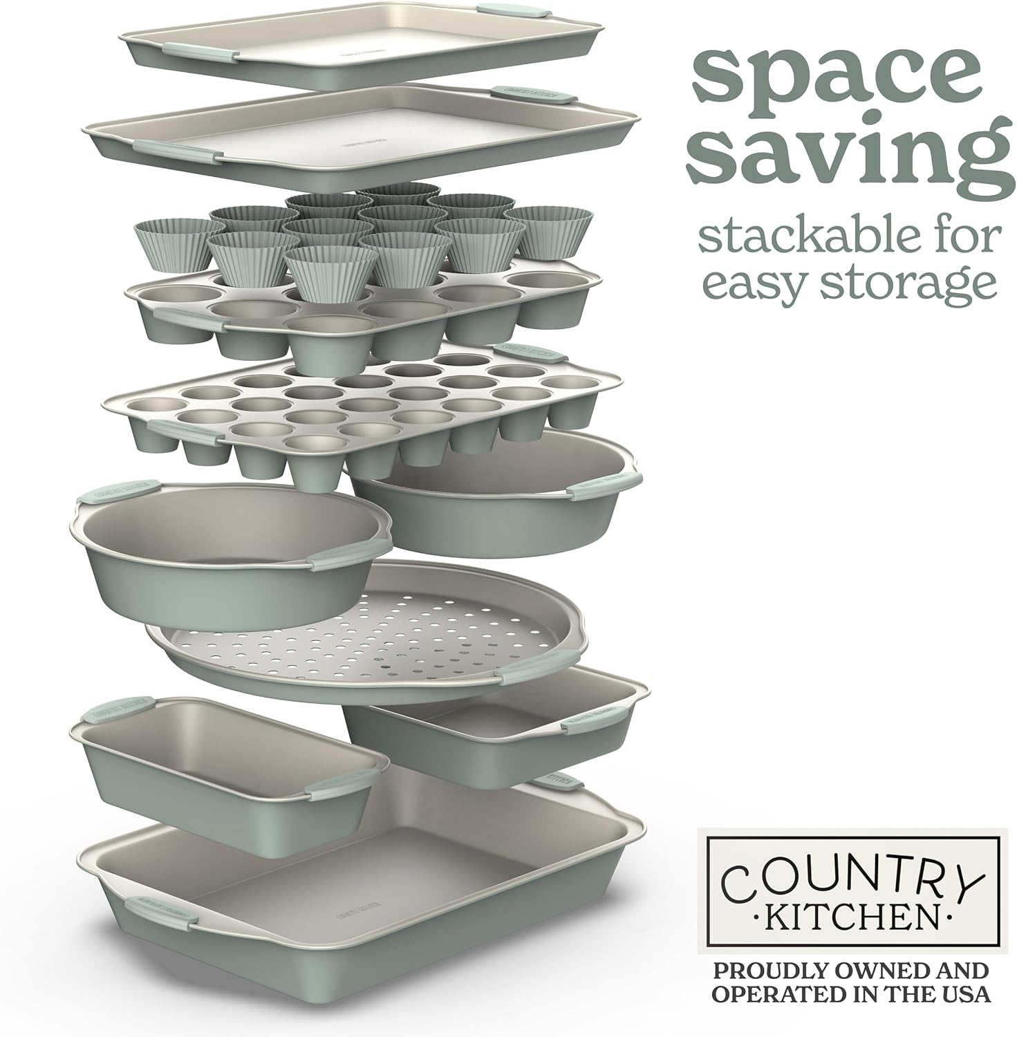 Country Kitchen Bakeware Set, 10-Piece Nonstick Stackable Baking Pans with Silicone Handles, Silver
