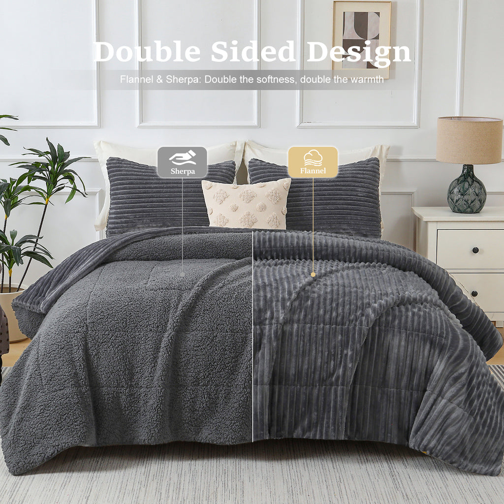 Jessy Home 3 Piece Fleece Queen Comforter Set - Soft & Warm Fluffy Dark Gray Sherpa Bedding , Fuzzy Heavy Double Sided Design Winter Comforter with 2 Pillow Cases