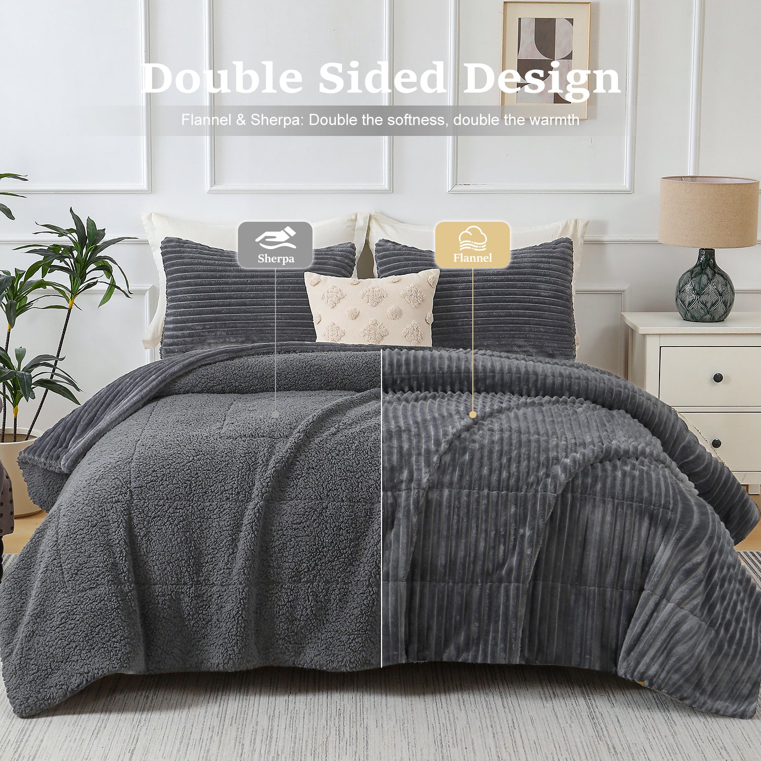 Jessy Home 3 Piece Fleece Queen Comforter Set - Soft & Warm Fluffy Dark Gray Sherpa Bedding , Fuzzy Heavy Double Sided Design Winter Comforter with 2 Pillow Cases