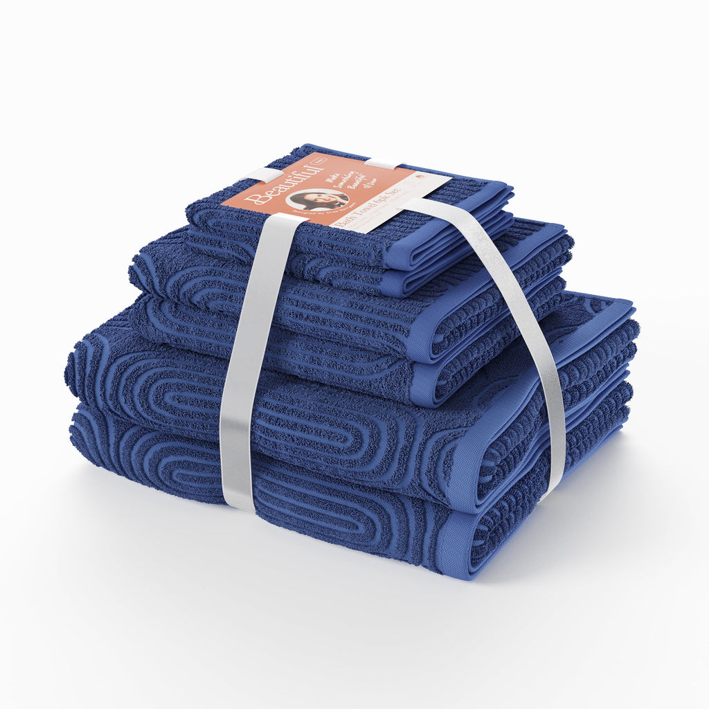 Beautiful by Drew Barrymore 6-Piece Textured Bath Towel Set, Soft 100% Cotton, Smokey Blue