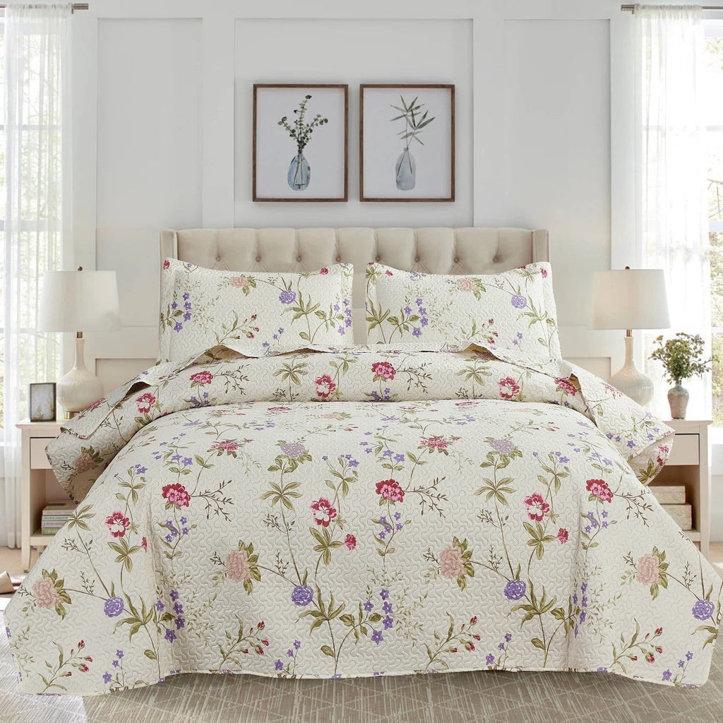 Green Essen 3 Pcs Quilt Sets, Lightweight Microfiber Bedspreads Soft Purple Floral Quilt Reversible Green Leaves Coverlet Set, 1 Quilt & 2 Pillow Shams(Queen Size)