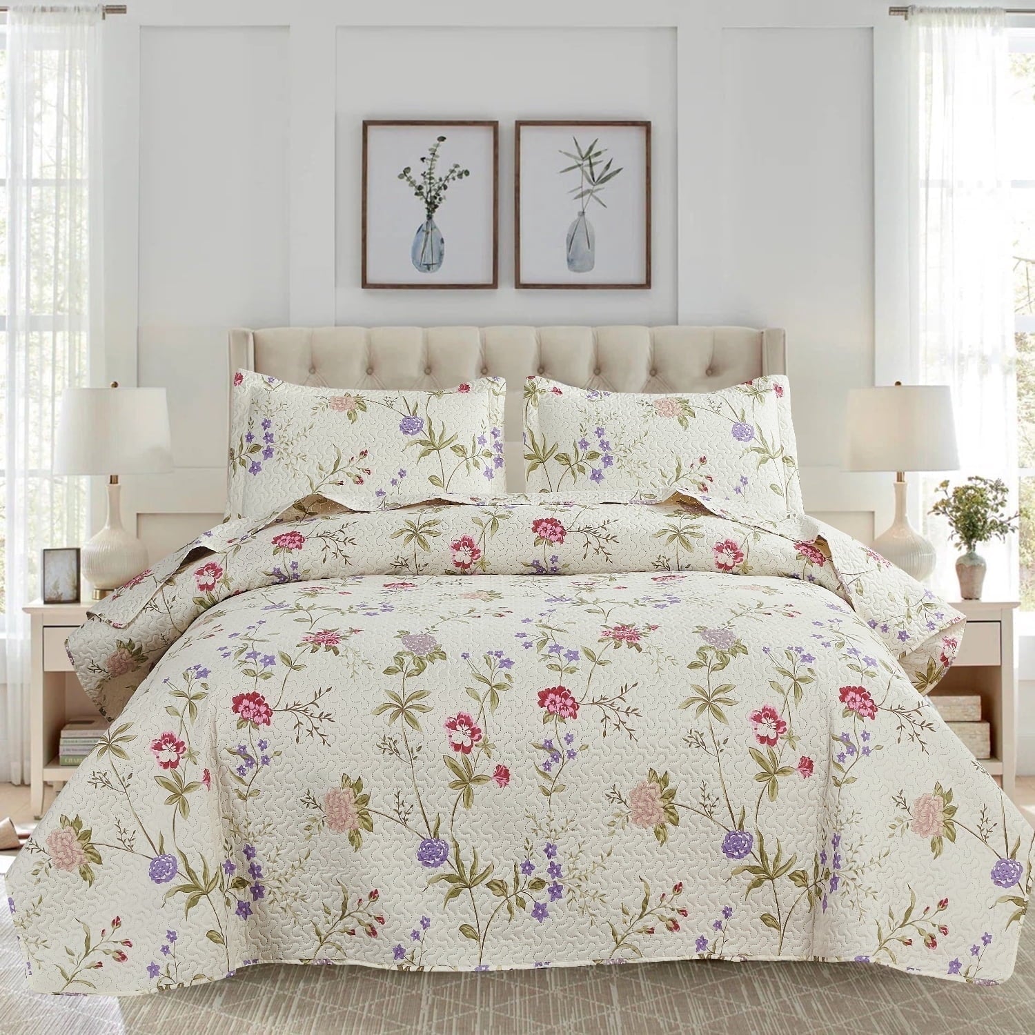 Green Essen 3 Pcs Quilt Sets, Lightweight Microfiber Bedspreads Soft Purple Floral Quilt Reversible Green Leaves Coverlet Set, 1 Quilt & 2 Pillow Shams(Queen Size)
