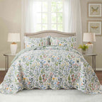 WannaToo Quilt Collection Microfiber Floral Bedding Set Green and White Quilt, King Size (3 Count)