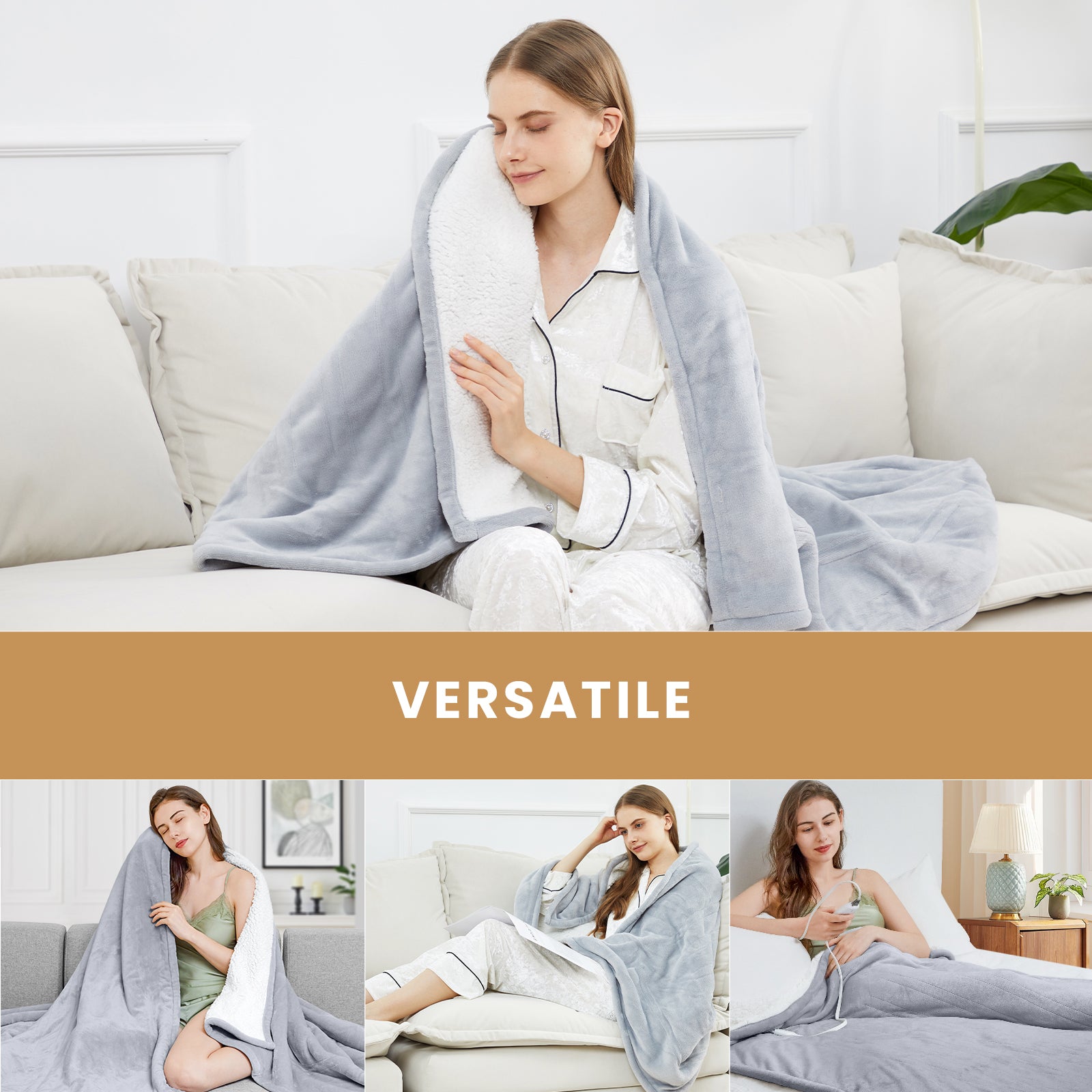 WISHEAD Electric Heated Blanket Throw Soft Flannel & Sherpa, 5 Heat Levels, 3 Hours Auto-Off Over-Heat Protection ETL Certification (50"x60", Light Gray)